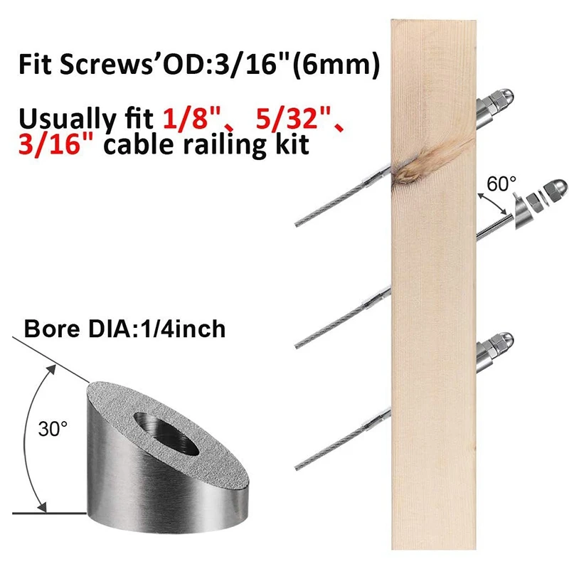 Arandela biselada de acero inoxidable T316, Kit de barandilla de Cable de cubierta de 1/4 a 1/8 pulgadas, Hardware de madera y Meta, ángulo de 30 grados, 3/16 pulgadas