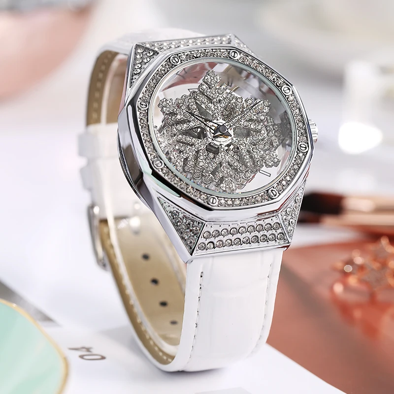 

BOZLUN Snow Diamond модные кварцевые часы с циферблатом для мужчин и женщин, роскошные наручные часы, водонепроницаемые часы с кожаным ремешком 3 бара