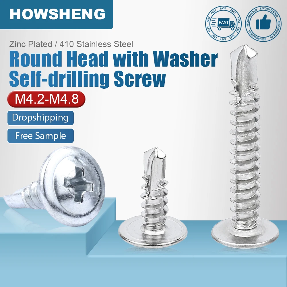 HOWSHENG Phillips Self Drilling Tapping Screw Washer head M4.2 M4.8 stainless steel zinc plated Crosss crew for metal wood sheet