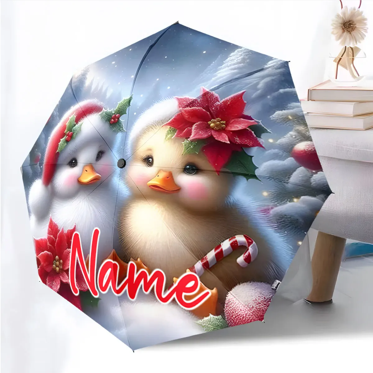 Custom Name Festive umbrella featuring adorable birds and holly Print 8 Iron Ribs Folding Umbrella Auto-Open Fashion Sunshade
