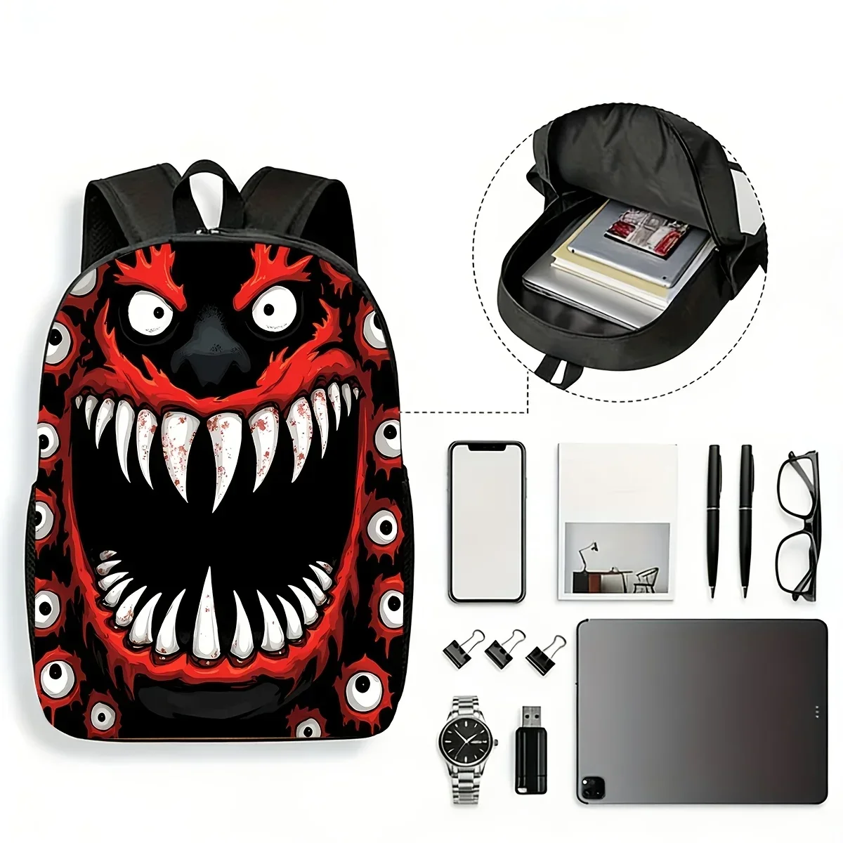 Custom Bag 1pc Venom Monster Eyes Print Backpack, New Fashion Dual-Zipper Unisex Backpack, Suitable For School, Casual Style, La