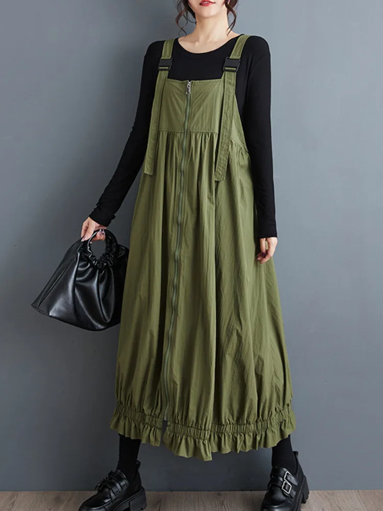 #6915 Black Green Sleeveless Spaghetti Straps Dress Women Zipper Sexy Split Joint Pleated Midi Dress Ladies Loose Streetwear 