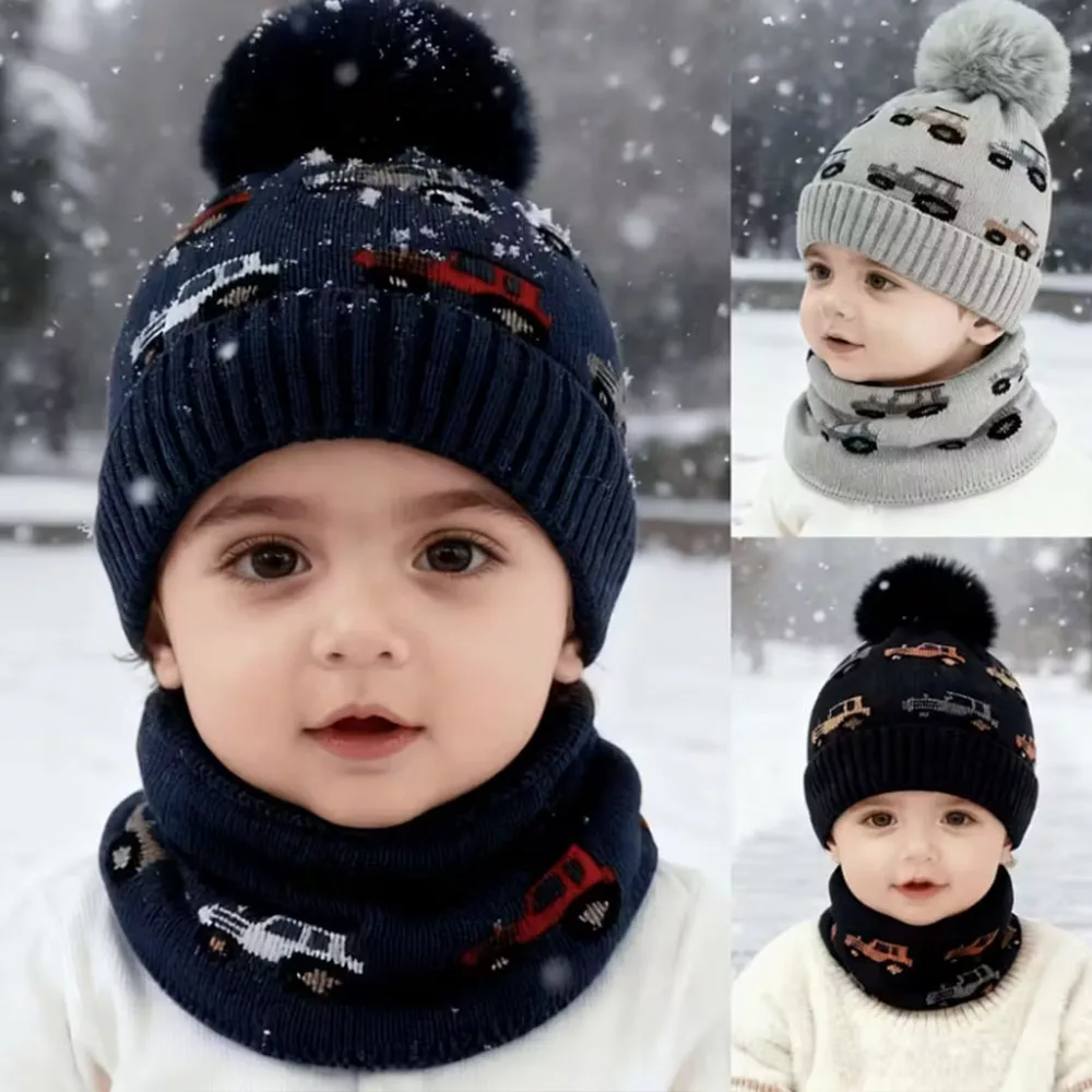 

Комплект шапки и шарфа с рисунком автомобиля для мальчиков от 3 до 8 лет | Осенне-зимняя теплая вязаная шапка с мультяшным дизайном, ветрозащитная и защита ушей