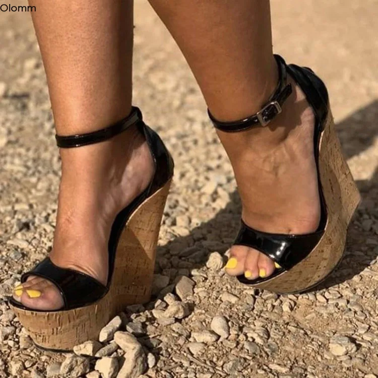 

Olomm New Fashion Women Platform Sandals Sexy Wedges High Heels Sandals Open Toe Shiny Black Party Shoes Women US Plus Size 5-15