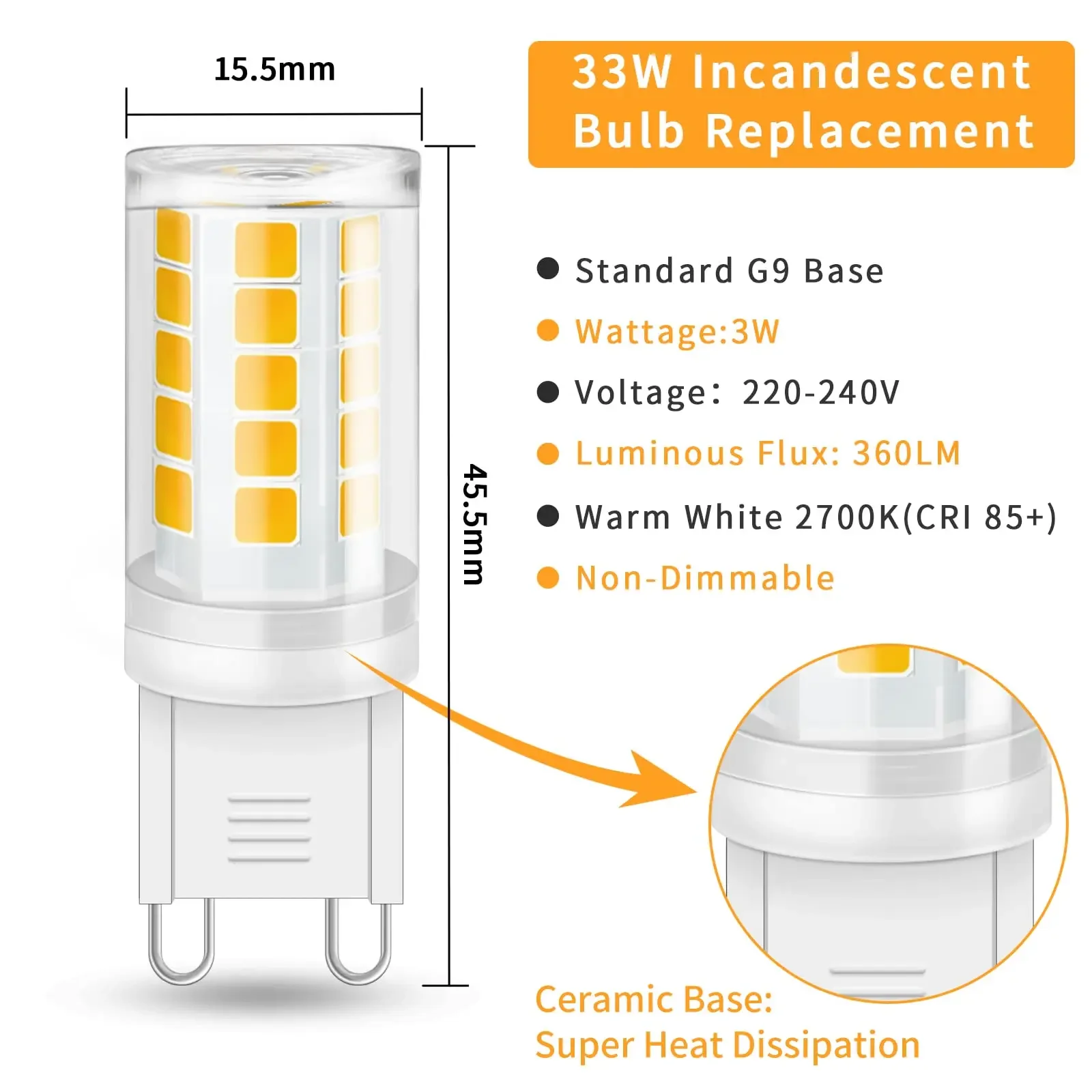 3/8 حزمة G9 LED لمبات 3 واط أبيض/دافئ أبيض لا وميض LED مصباح 33 واط لمبة هالوجين مكافئة الثريا قلادة مصابيح كهربائية الذرة #2
