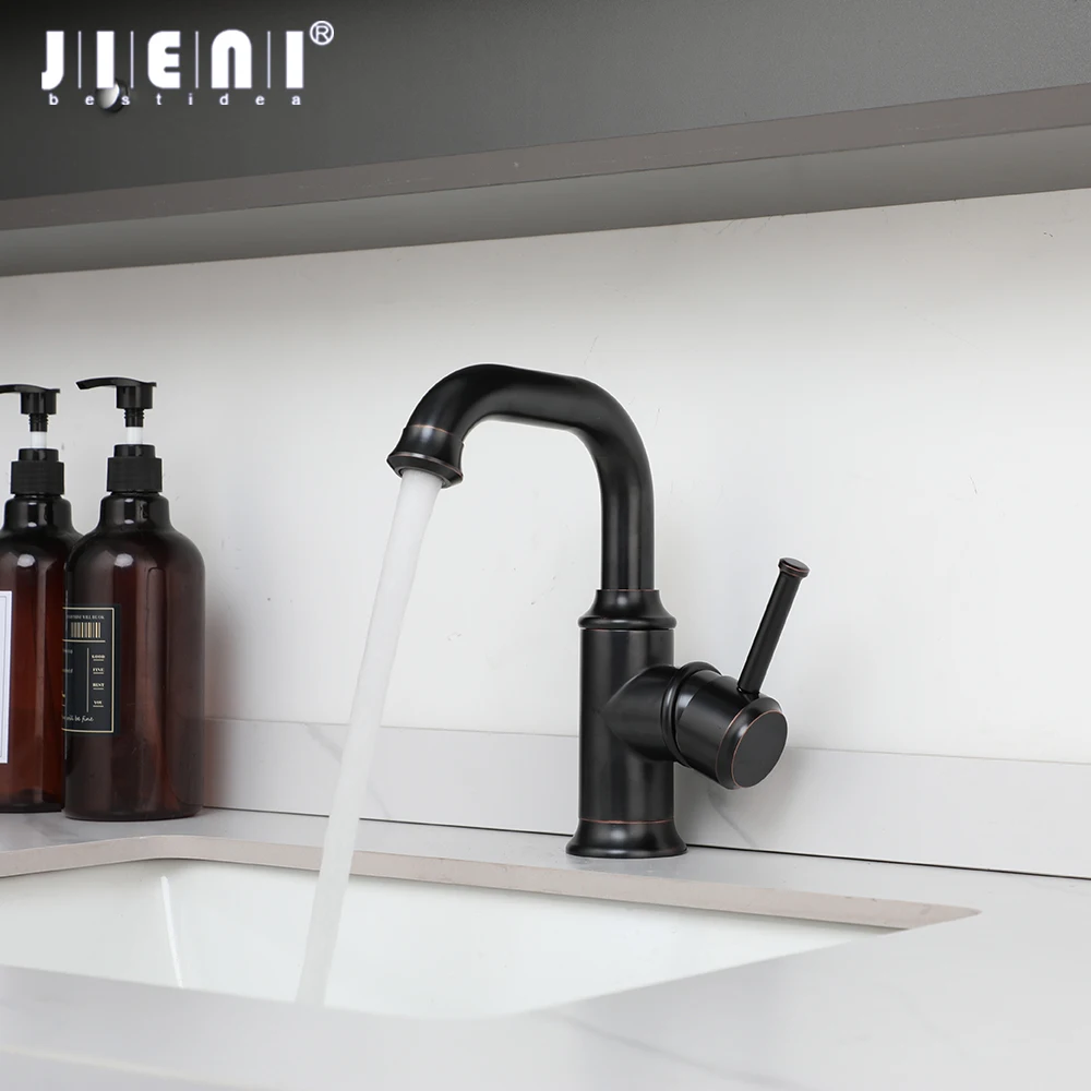 JIENI Bathroom ORB Black Faucet Special Shape Right Angle Design Deck mounted Single Handle Control Hot Cold Water Mixer Taps