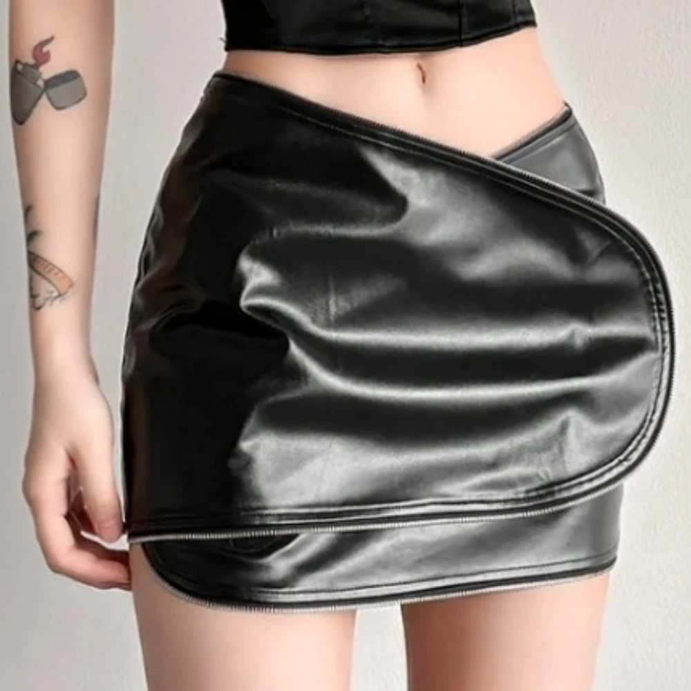 

Сексуальные женские мини-юбки из искусственной кожи, асимметричной формы, с низкой талией, облегающие, цвета персика, для клубных вечеринок и уличной моды