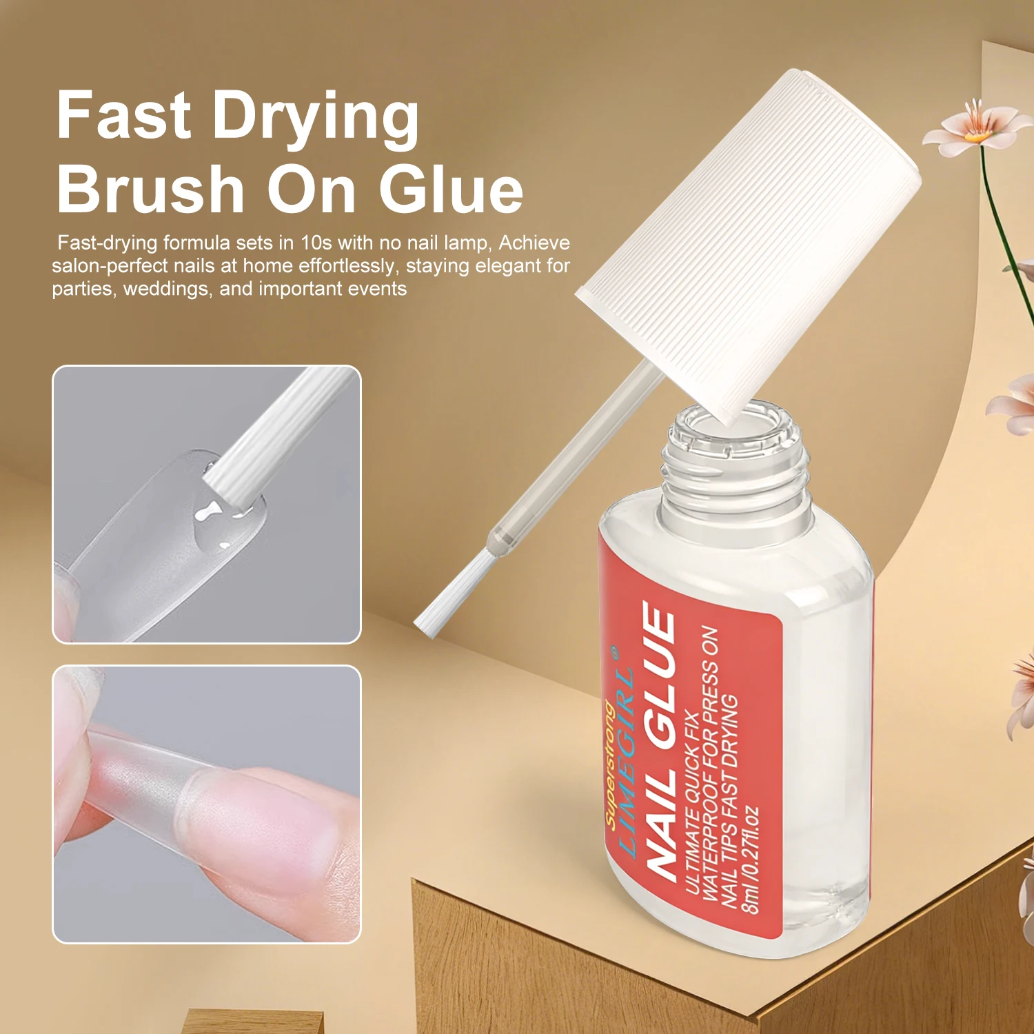 LIMEGIRL 8ml Quick Drying Nail Glue Strong Brush-on Nail Glue Rhinestone Charms Acrylic Tips Bond Glue Broken Nail Repair