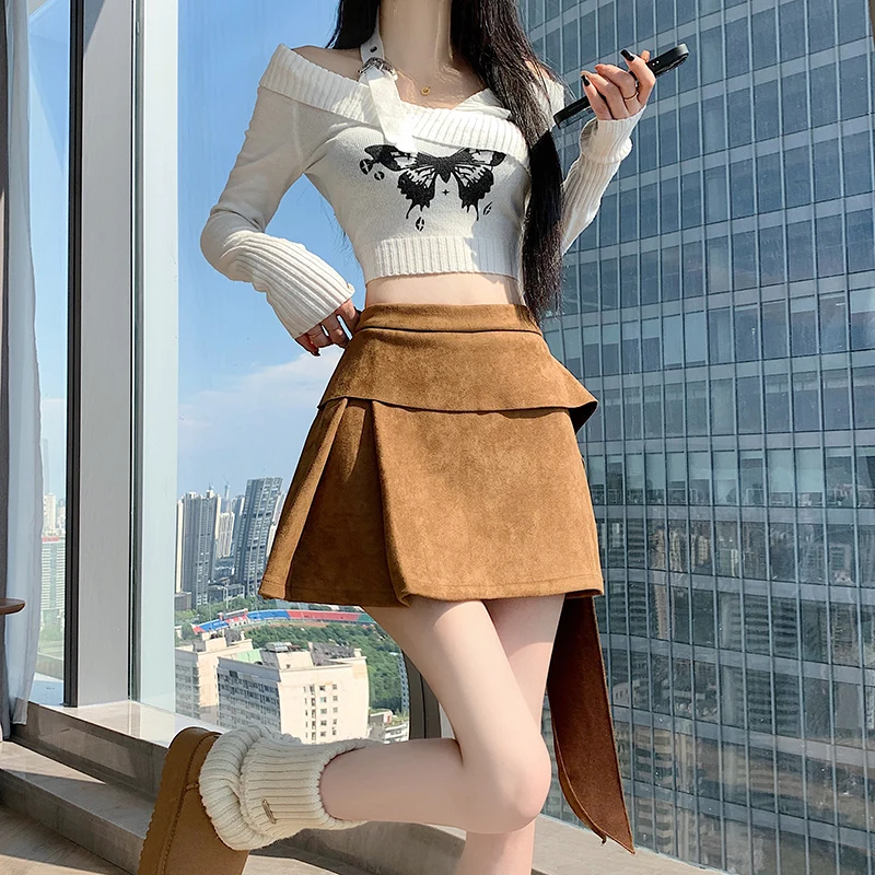   Outono inverno veludo irregular feminino a linha envoltório saias curtas 2025 nova cintura alta arco coreano sexy mini saias femininas