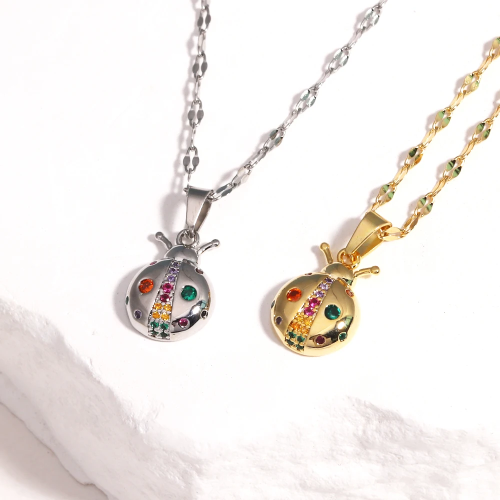 Cute Rainbow CZ Animal Zirconia Ladybug Pendant Necklace for Women Gold Color Stainless Steel Chain Jewelry Gifts
