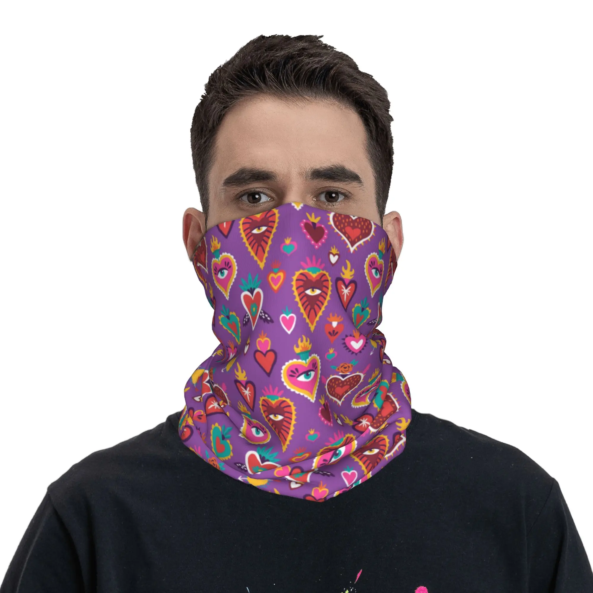 Retro Mexican Heart Milagro pattern Bandana Neck Gaiter Printed Mask Scarf Warm Cycling Scarf Outdoor Sports Unisex Adult