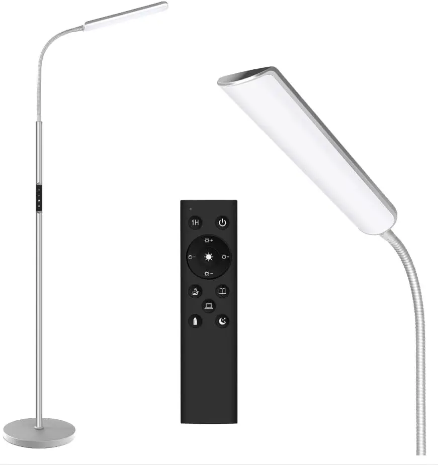 

LED Floor Lamp, Bright 15W Standing Lamp with 1H Timer, Stepless Adjustable 3000K-6000K Colors & Brightness, Remote & Touch Control, Silver