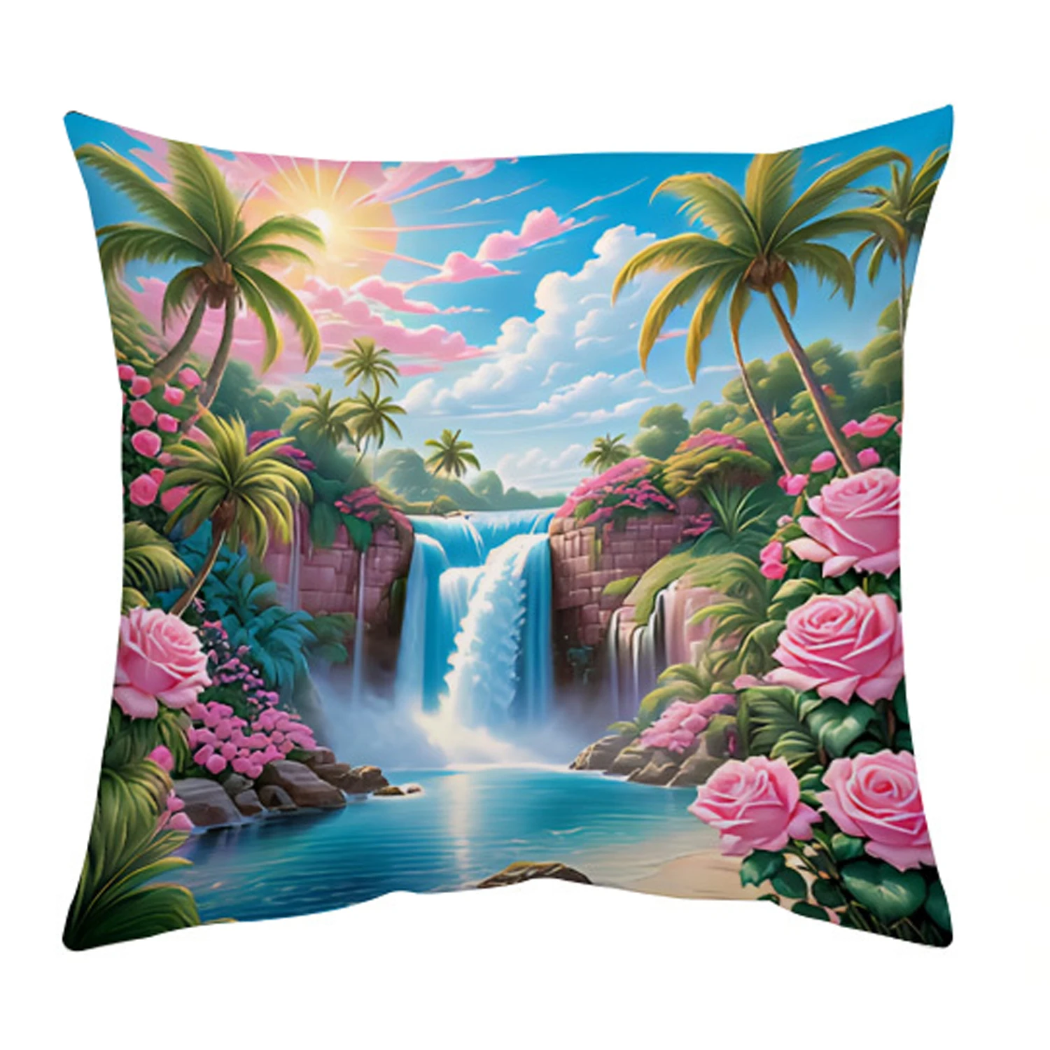 1pc 2D Flat (Pillow Not Included) Tropical Waterfall Palm Trees Roses Cushion Cover Short Plush Exotic Landscape Decor Throw