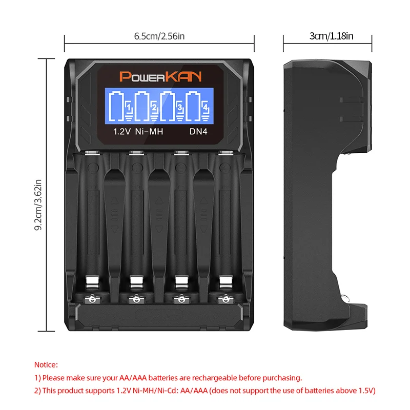 POWERKAN 4-slotová LCD USB-C univerzální vstupní nabíječka baterií pro AA AAA baterie s nezávislými nabíjecími sloty - náhled 2