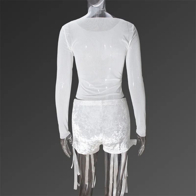 Doyerl 2 قطعة مجموعات امرأة الزي عيد ميلاد Y2K الملابس نادي شبكة انظر من خلال كم طويل بلوزات وسراويل قصيرة مطابقة مجموعات مع القوس #6