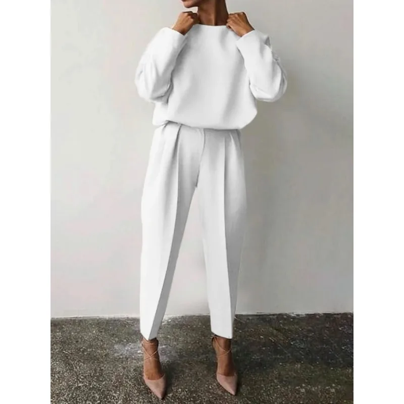 Female Fashion Two Piece Outfits Temperament Commuting Autumn & Winter Women's Loose Solid Long Sleeved Top & Casual Pants Set