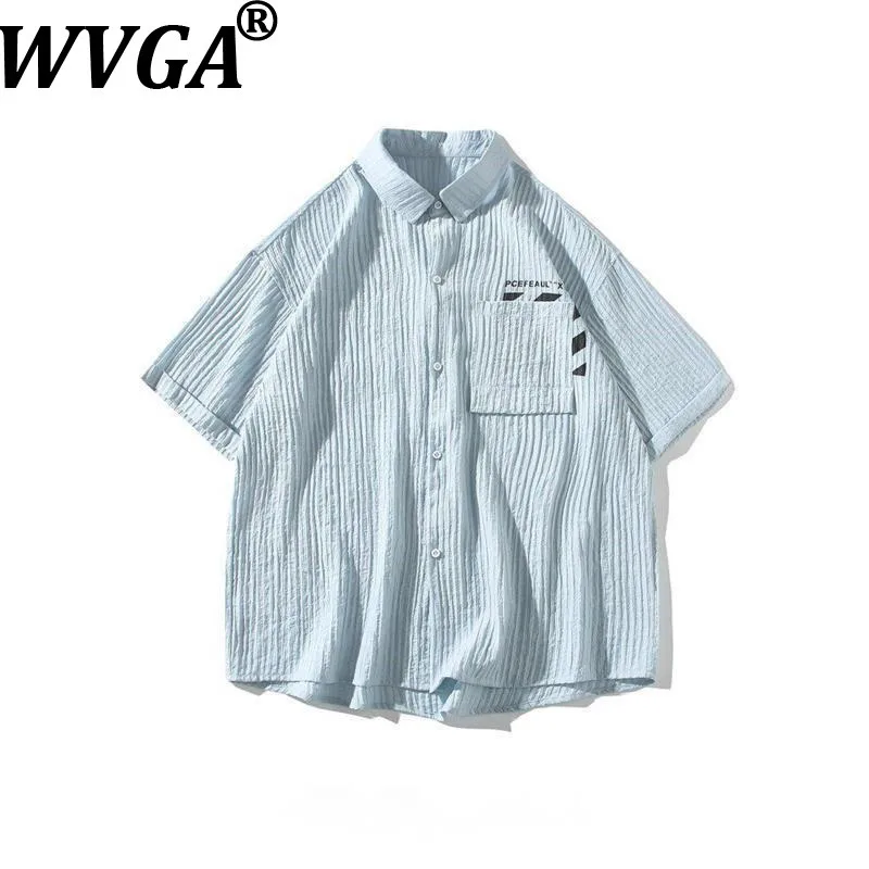 

Новая летняя мужская рубашка WVGA с карманами, модная, с коротким рукавом, нишевая, шикарная, повседневная, однотонная, плиссированная, в уличном стиле, Ins W20687