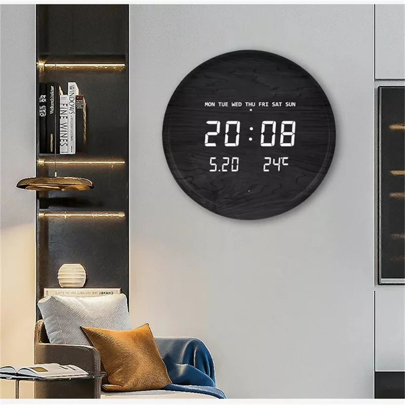 ChuHan rotondo in legno Led Display digitale calendario grande orologio da parete creativo semplice moderno moda domestica orologio luminoso silenzioso