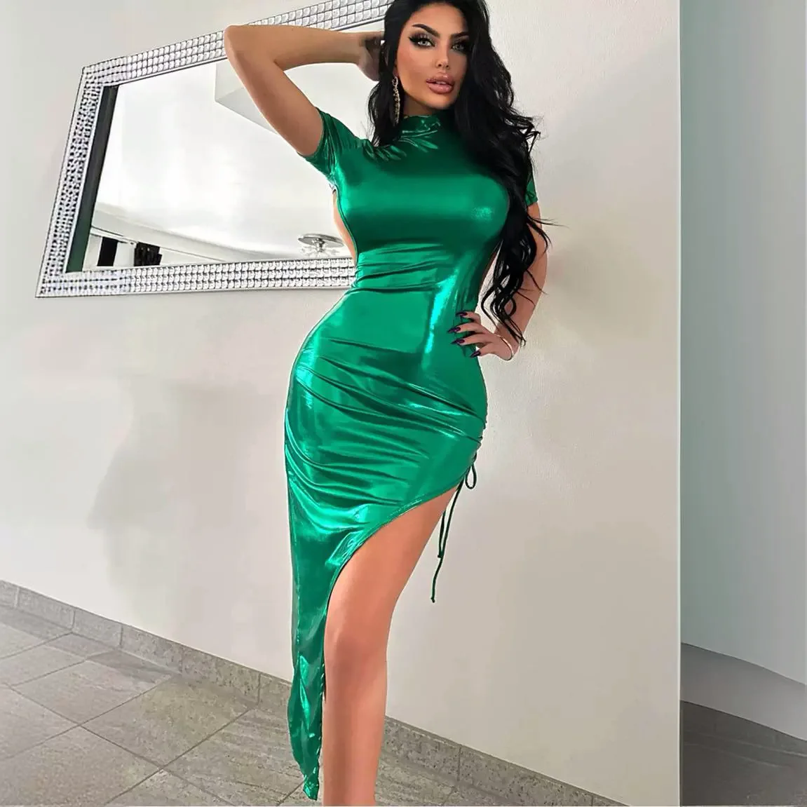 Green dress slim fit backless dress for women