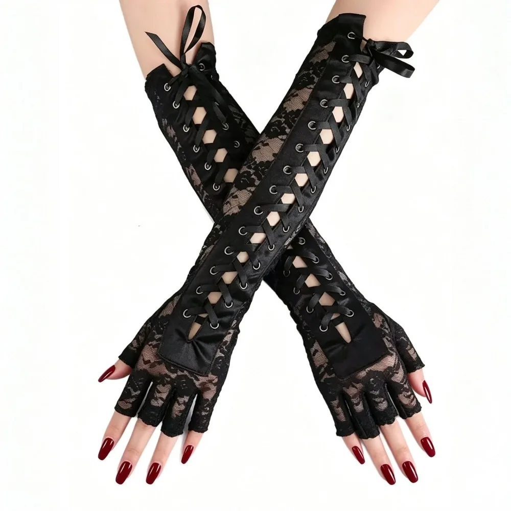 Slim Elastic Lace Strap Gloves Long Gloves Lolita Cloth Ribbon Half Finger Gloves JK Punk Women Gloves Photography