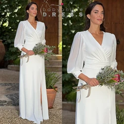 BABYONLINE In Stock Wedding Dress Fully Lined Excluding Full Length Sleeves Side-Slit V-neck Floor-length Flowy A-line Skirt Go