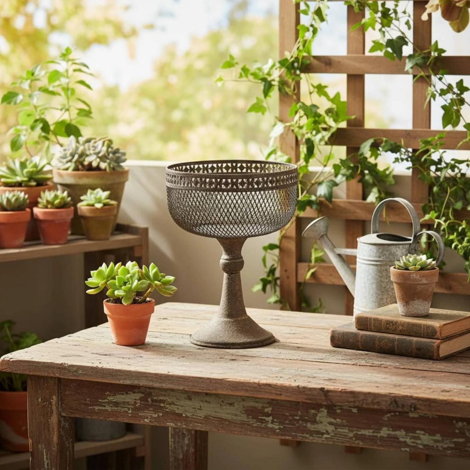 

Decorative Iron Planter Distressed Finish Pedestal Planter Home Decoration Antique Design Openwork