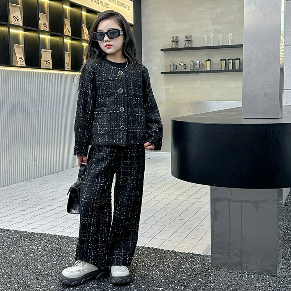 Spring Autumn Girls 2pcs Plaid Elegant Sets Black Tweed Jacket Wide Leg Pants Children\'s Clothing Outfits Chic Princess Outfits