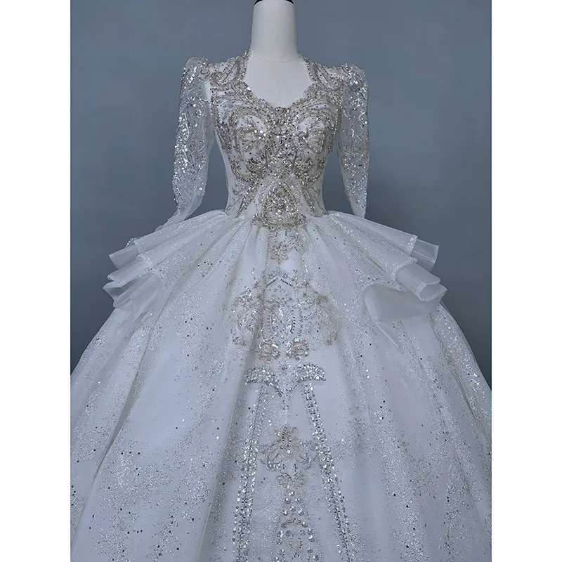 Long Sleeved Wedding Dress 2023 New Bride High End Heavy Industry Luxury Trail Ball Gown Formal Dress Plus Size