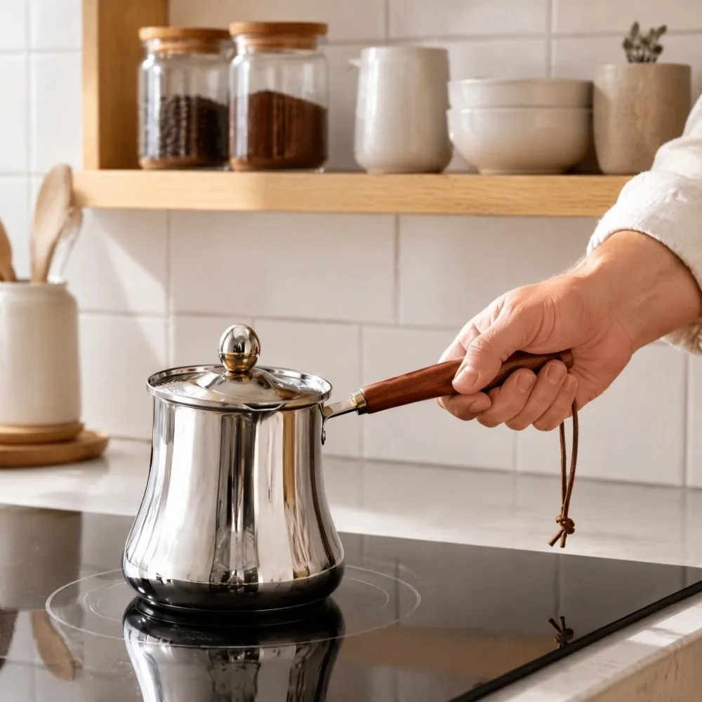 Stainless Steel Turkish Coffee Pot Spill-Resistant 250/350/550/720ml Milk Tea Pot Long-Handled With Lid Chocolate Melting Pot