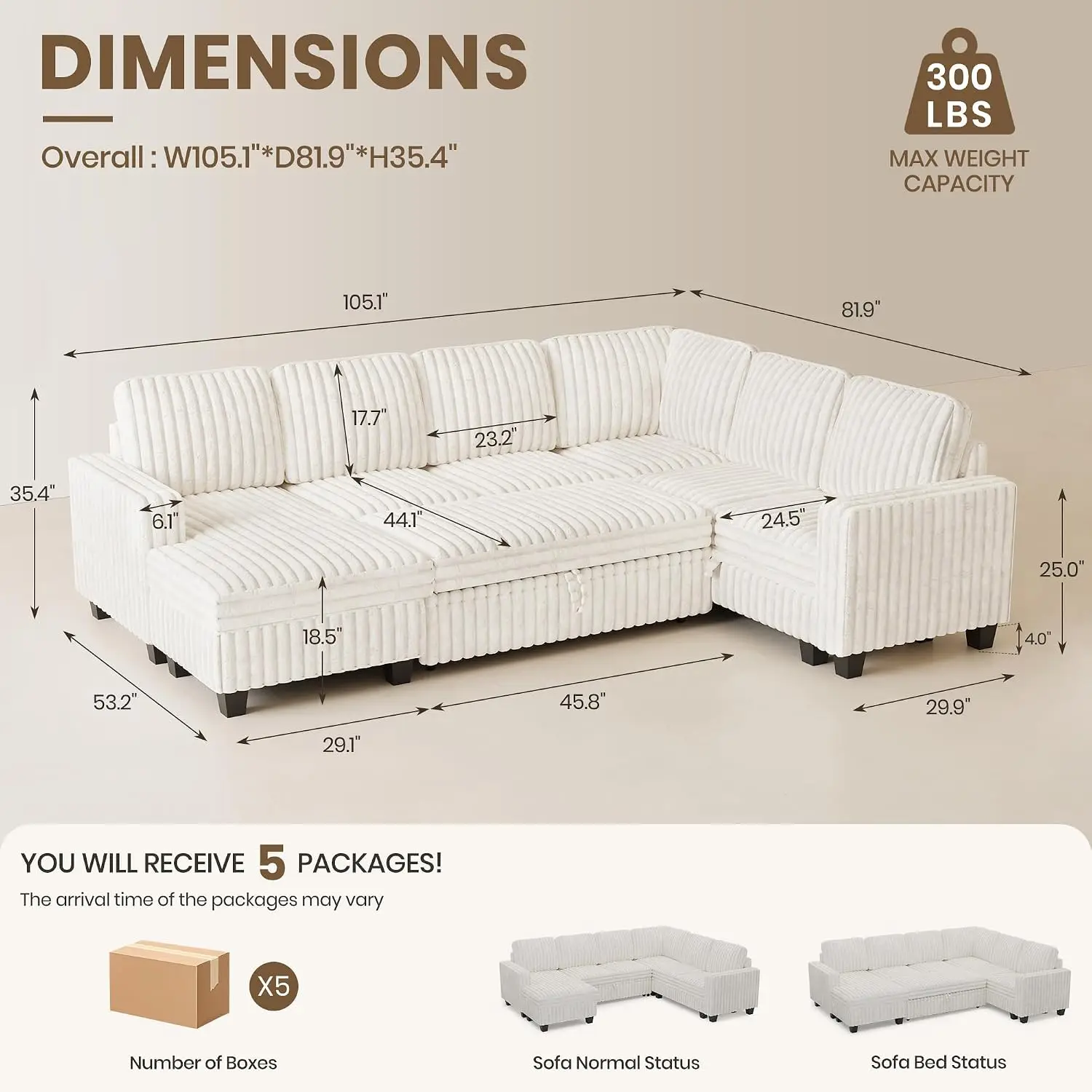 Corduroy Sleeper Sofa Bed with Storage Chaise & Pull Out Bed L Shaped Sectional for Living Room Beige, Customized