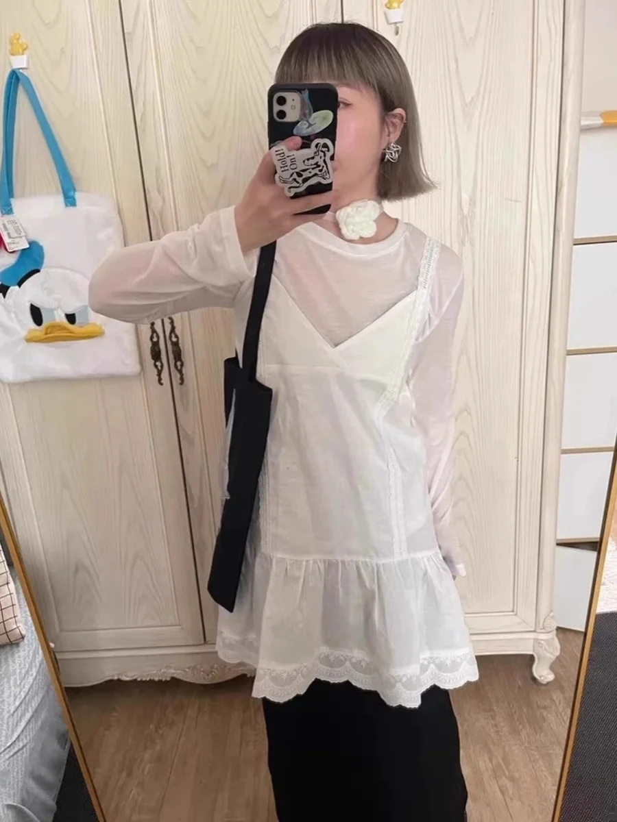 Original Lace Design Wide Width Splicing Hem Layered Wear Base Tank Dr Spring New Sle A-Line Skirt V-Ne High Waist