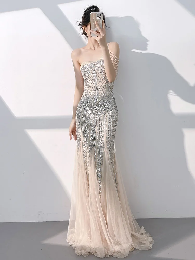 Champagne Color One oulder Evening Gown Women's 2026 New High-End Lightweight Luxury Host Year Conference Tail Fi Tail...