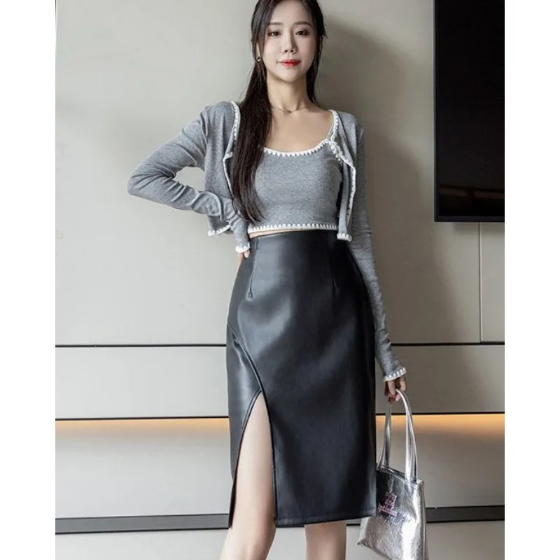 2023 New Temperament Midi OL Professional Underdress Thin Leather Skirt Hip Apron Silver PU Slit Women Petticoat Long Wrap Skirt