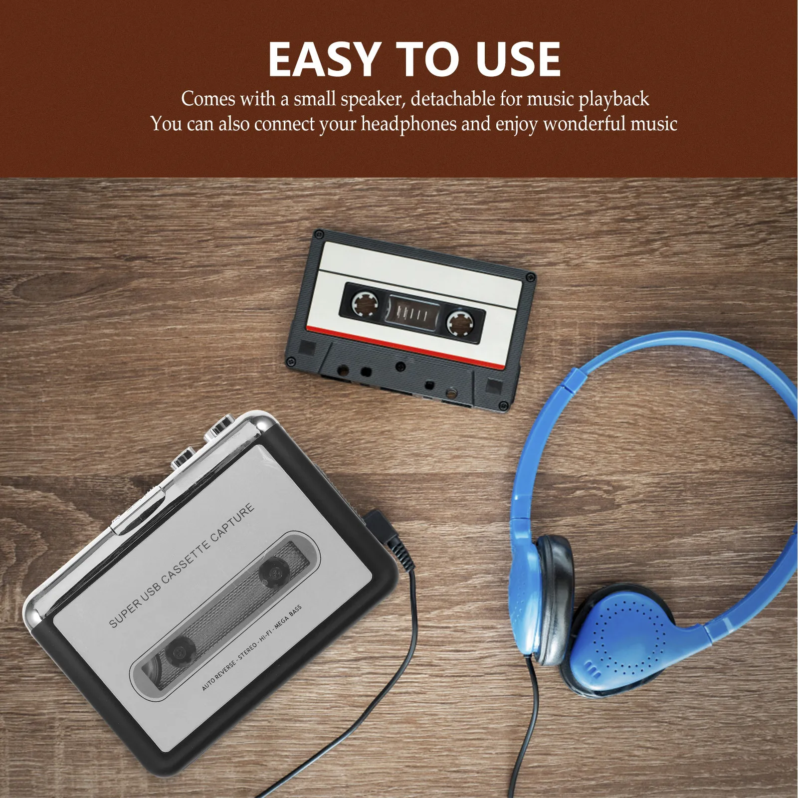 Digital Audio Capture USB Cassette Player Converter for Old Tapes to Mp3 Format with Transfer Software and Playback