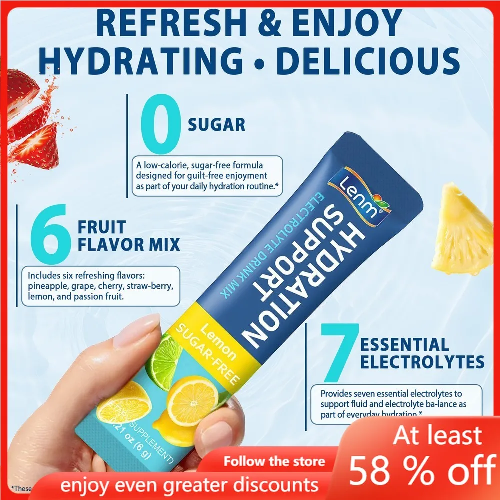 Lenm Hydration Support Electrolyte Drink Mix Powder Sugar-Free 7 Essential Electrolytes 5 Essential Vitamins Vegan 24 Sticks