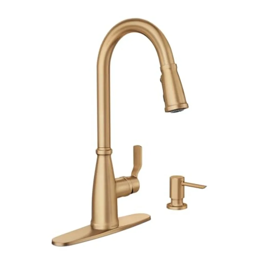 

One-Handle Pull-Down Kitchen Faucet with Power Boost, Soap Dispenser Included, High Arc, 1 or 3 Hole Installation, Brushed Gold