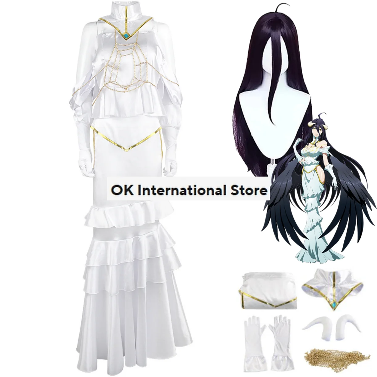 Anime Overlord Albedo Cosplay fantasia com peruca para mulheres, vestido longo branco sem mangas, vestido sexy para adultos, Carnaval, Halloween, terno de Natal