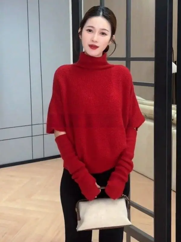

Красный вязаный свитер с высоким воротником и рукавами-крылышками, свободный крой, стройнящий, для женщин, осень-зима, повседневная одежда, новинка
