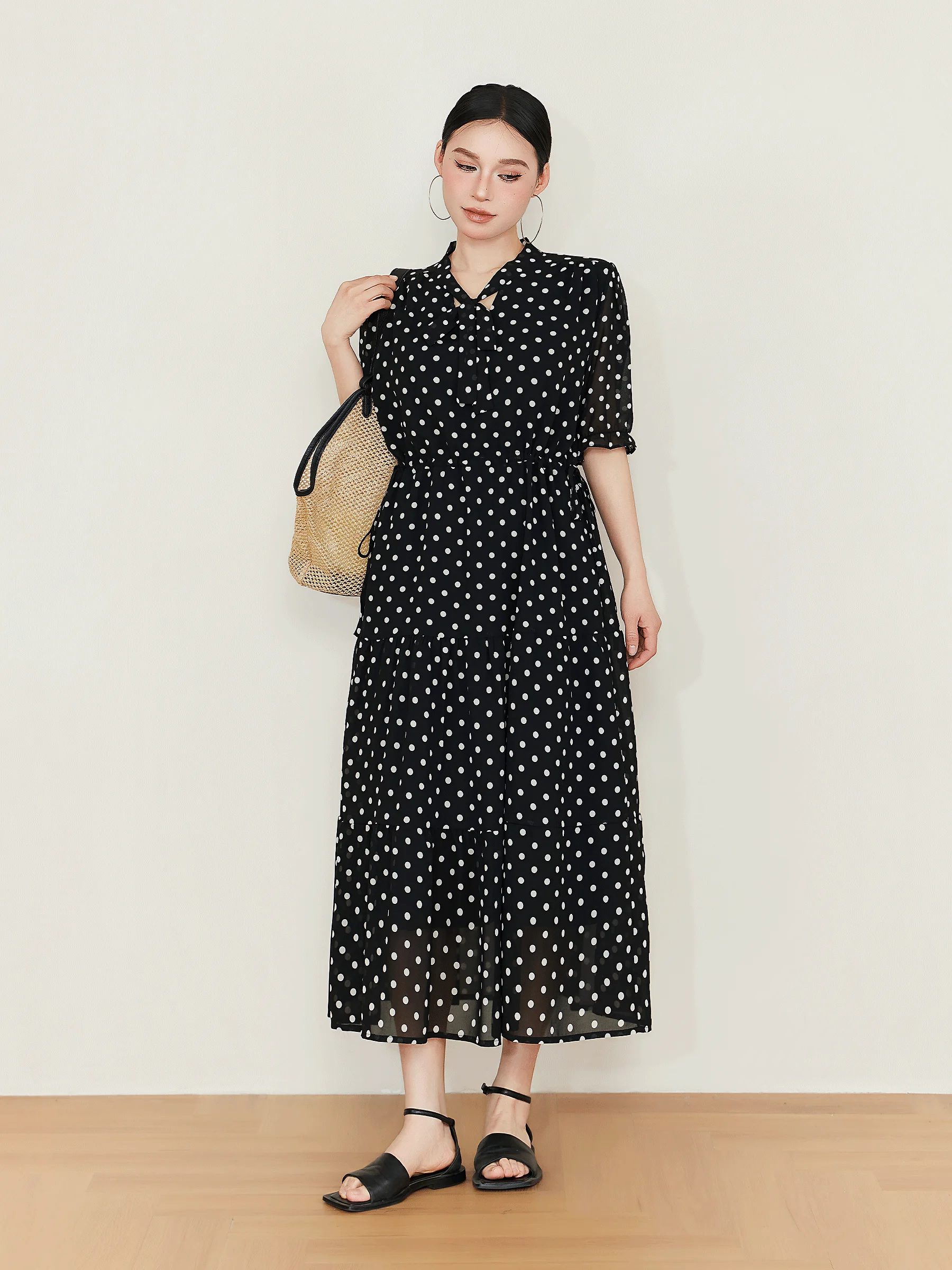 

Black Polka Dot Maxi Dress Summer Loose Fitted Waist Slimming Long Skirt Short Sleeve Vintage High Waist A-Line Gown for plus...