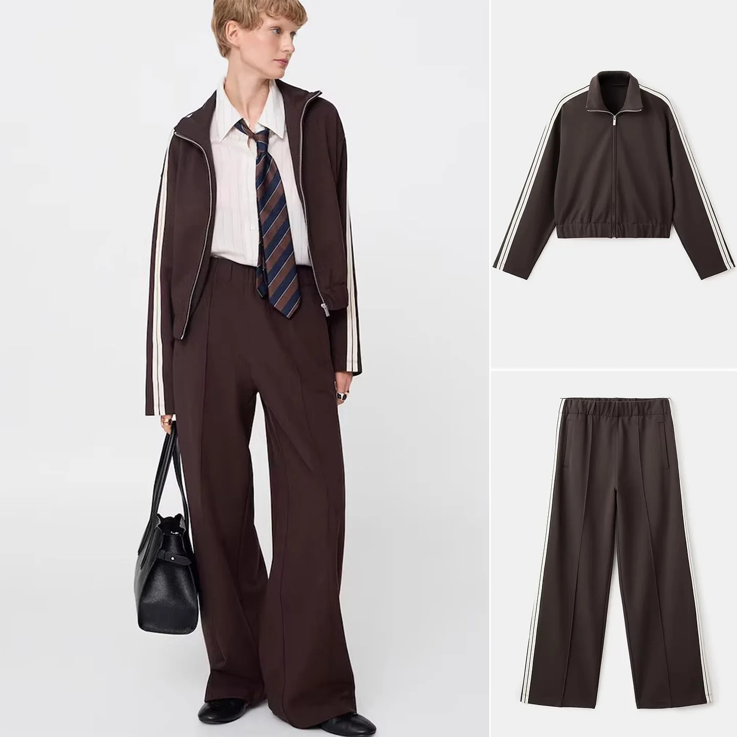 

Trendy Striped Long Sve Sweatirt Elastic Hem Wide Leg Pants mid Waist Sports Long Trousers Two Piece Set Spring Faion