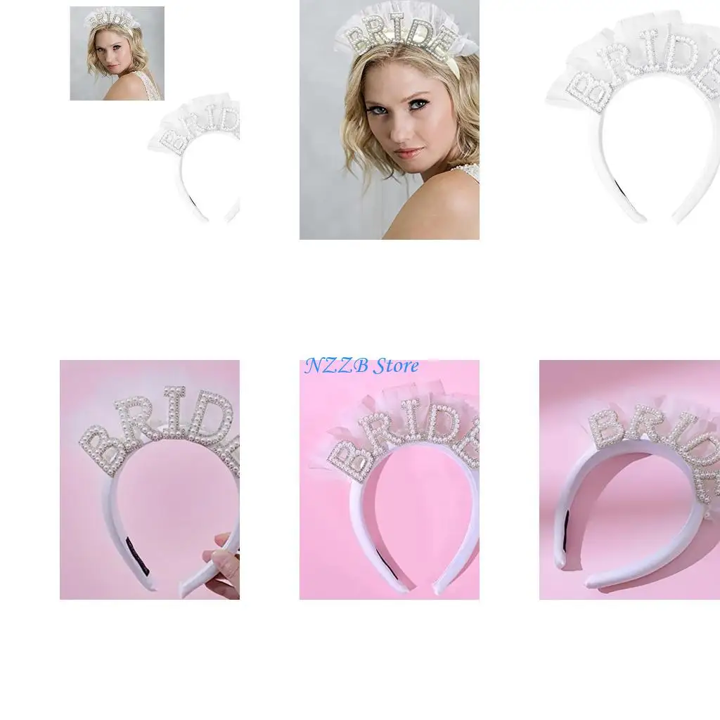 

T21F Bachelorette Party Decorations Pearls Beaded Bride Headband White Headpiece Bridal Shower Gift Bridesmaid Favor