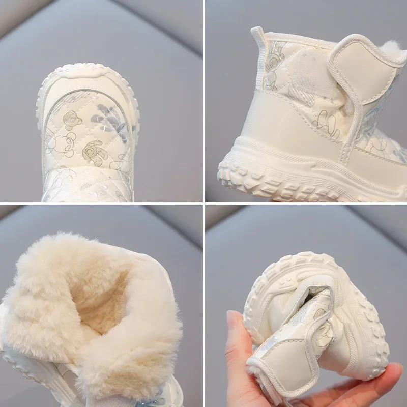 2024 Winter New Children Snow Boots Girls Soft Warm Short Boots with Thick Fur Princess Shoes Retro Cotton Shoes Baby Boots