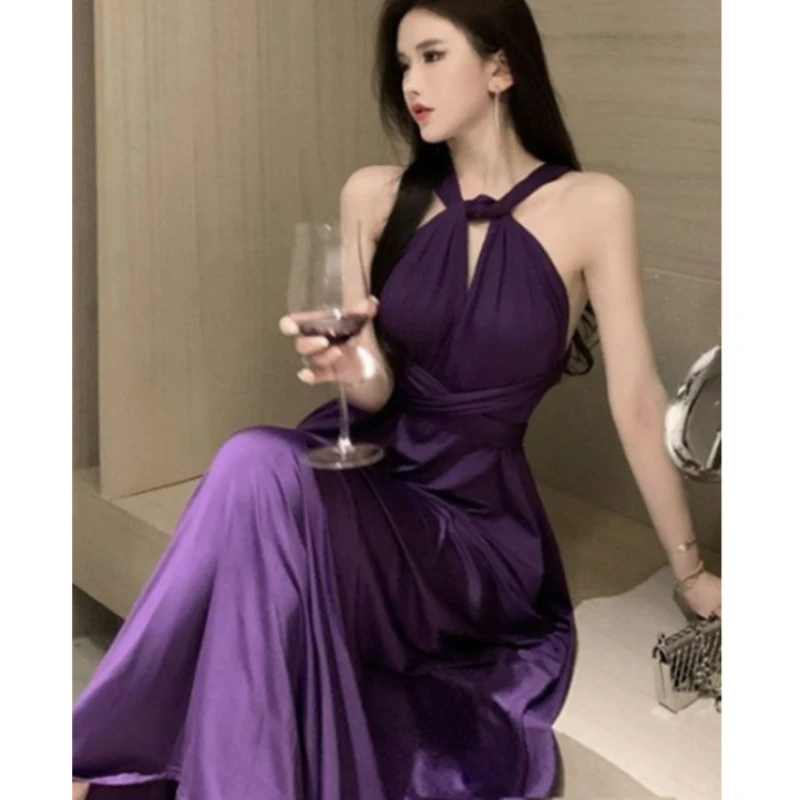 高級誕生日パーティー エレガントロングドレス 2026年新作 夏ファッションドレス ストラップ付き バックレス パープル ホルターネックドレス レディース