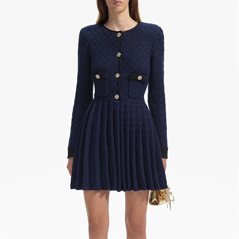 2024FW New women\'s roundNeck navy Blue Checkerboard Knitted pleated DressY2k High quality FashionCommuter Long sleeve Mini skirt