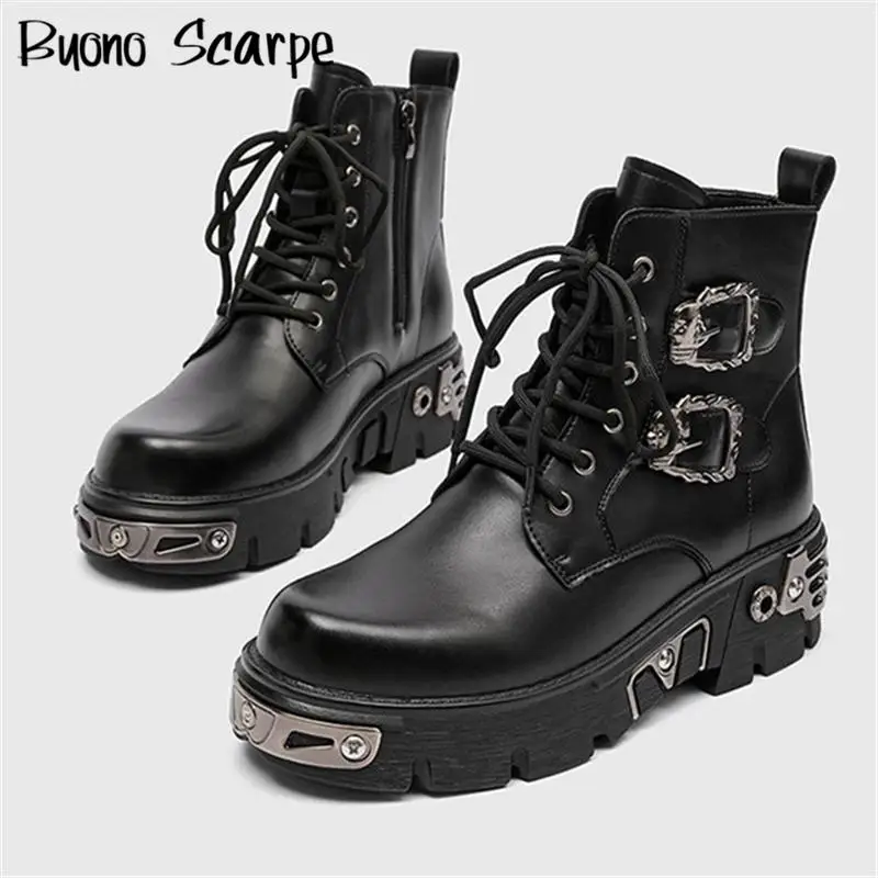 

2025 Unisex Style Metal Decoration Round Toe Thick Sole Platform Men Boots High Top Zipper Large Size Fashion Casual Punk Shoes