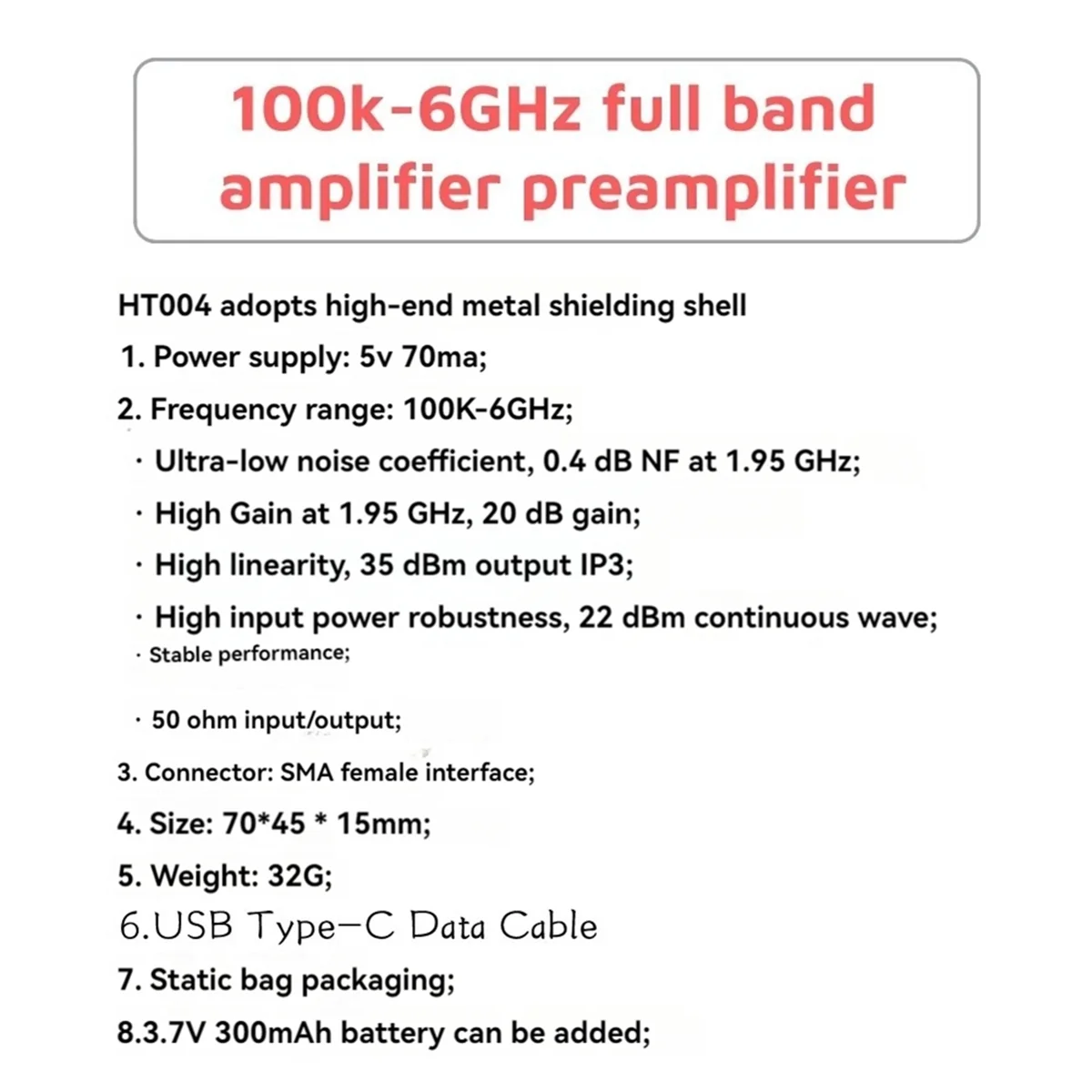 100K-6GHz Full Band Low Noise Amplifier,20dB High Gain Preamplifier,LNA Module for RF & Software Defined SDR RadioJADD