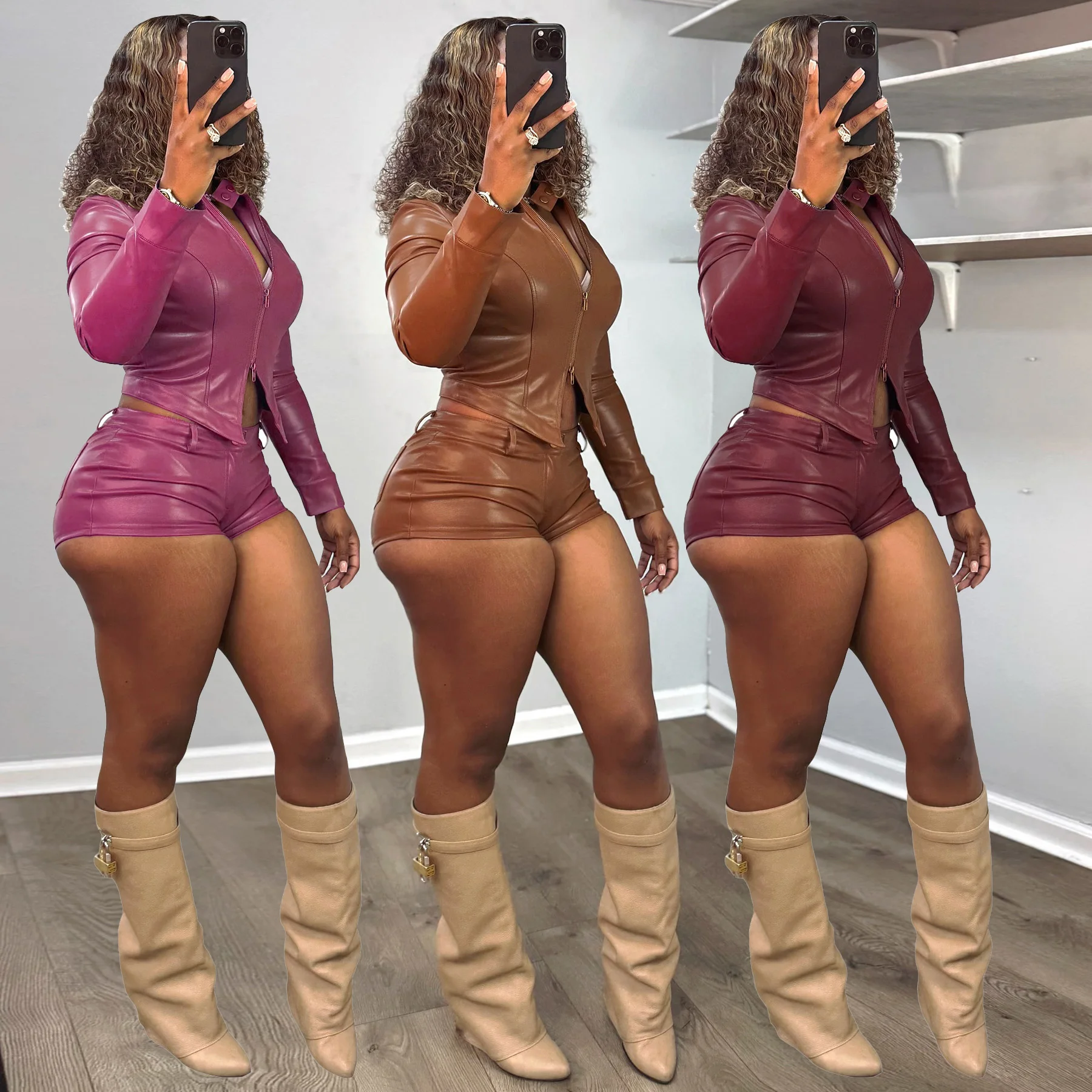 

Leather Jacket Sexy 2 Piece Pant Set Outfits Winter Women Y2K Streetwear Sexy Club Wear Cropped Coats Two Piece Set Shorts Pant