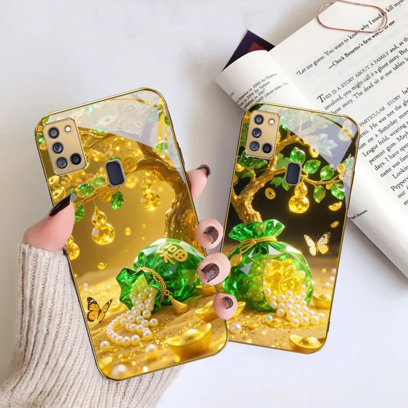 الأخضر لطيف محظوظ حقيبة لسامسونج A 70 71 72 73 14 15 13 16 25 A26 31 32 33 34 35 50 51 52 53 54 55 56 الزجاج الذهبي جراب هاتف