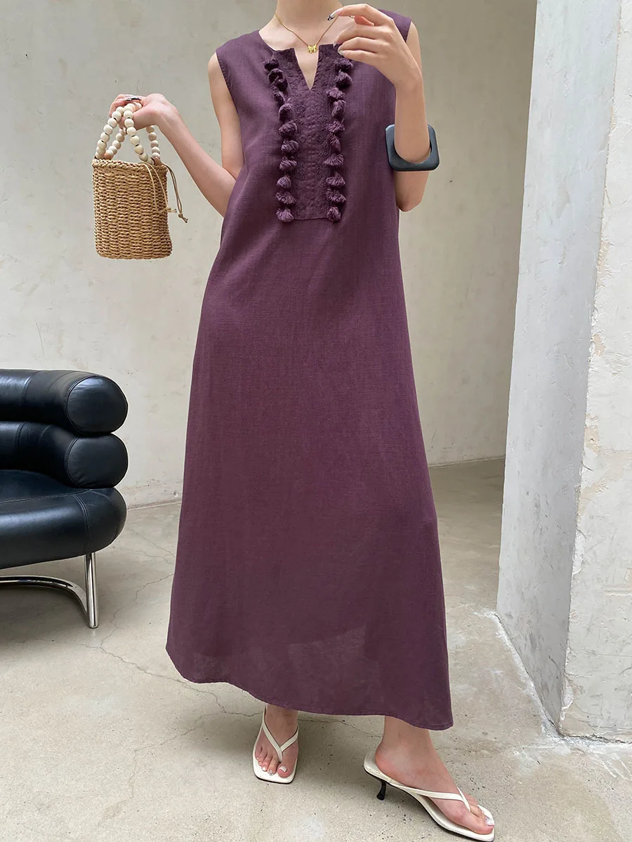 Sommerliches, lässiges, einfarbiges, ärmelloses Westenkleid für Damen mit V-Ausschnitt, Stickerei und Quasten – Detail 20