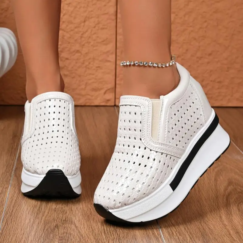 MEOD Breathable Hollow Out Thick Bottom Sneakers Women 2026 Autumn Chunky Platform High Heel Casual Shoes Slip On Non Slip Shoes